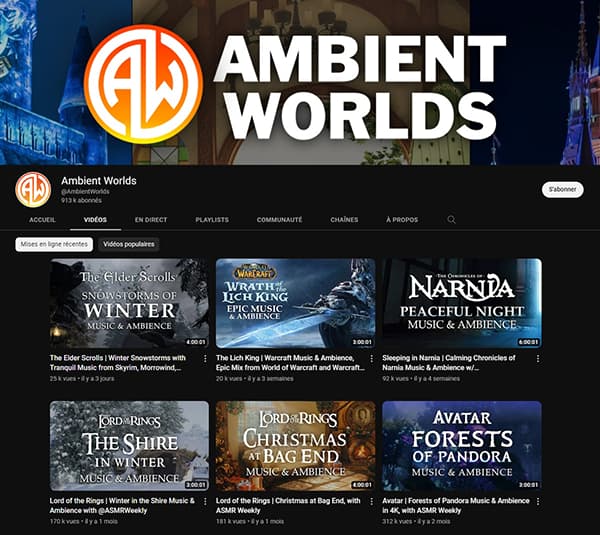 Capture d'écran de la chaîne Youtube Ambient Worlds
