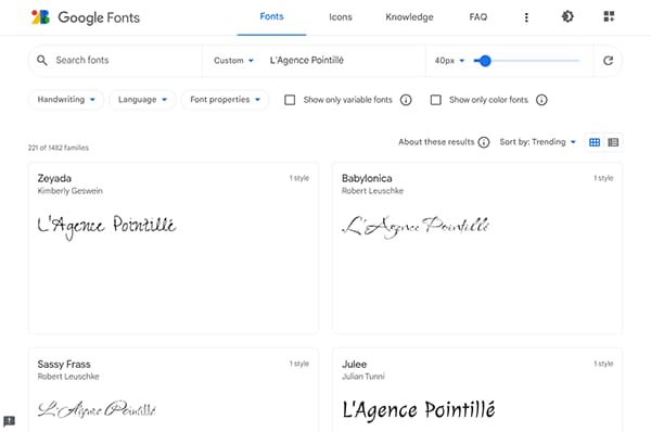 Capture d'écran du site Google Fonts