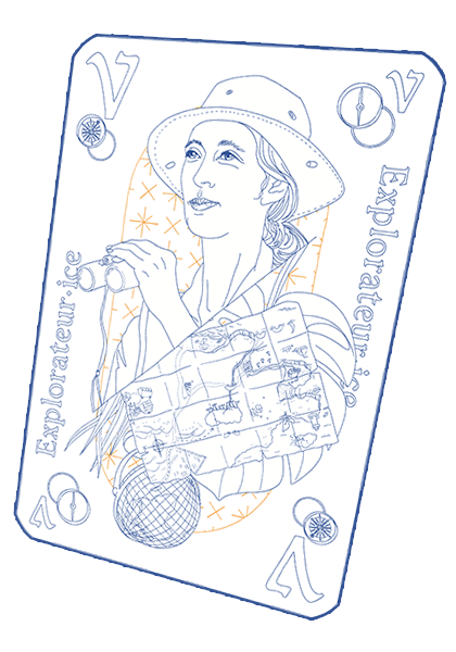 Une carte à jouer de l'Agence Pointillé qui représente une exploratrice